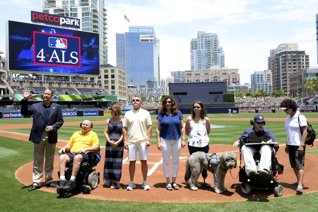 Steve Becvar, left, with ALS Association at Petco Park ceremony.