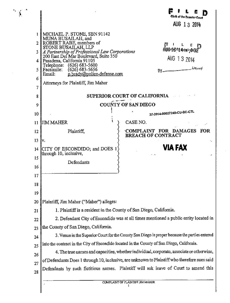 Escondido officials may, or may not, were served with this Maher wrongful termination lawsuit.