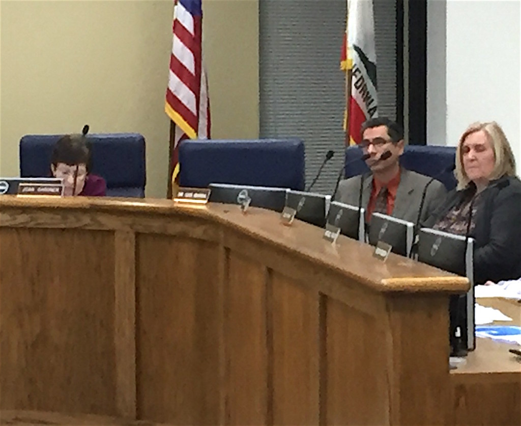 (L-to-R) EUSD Board president Joan Gardner, Jose Fragozoo's empty chair, EUSD Superintendent Luis Rankins-Ibarra, Board member Zesty Harper.