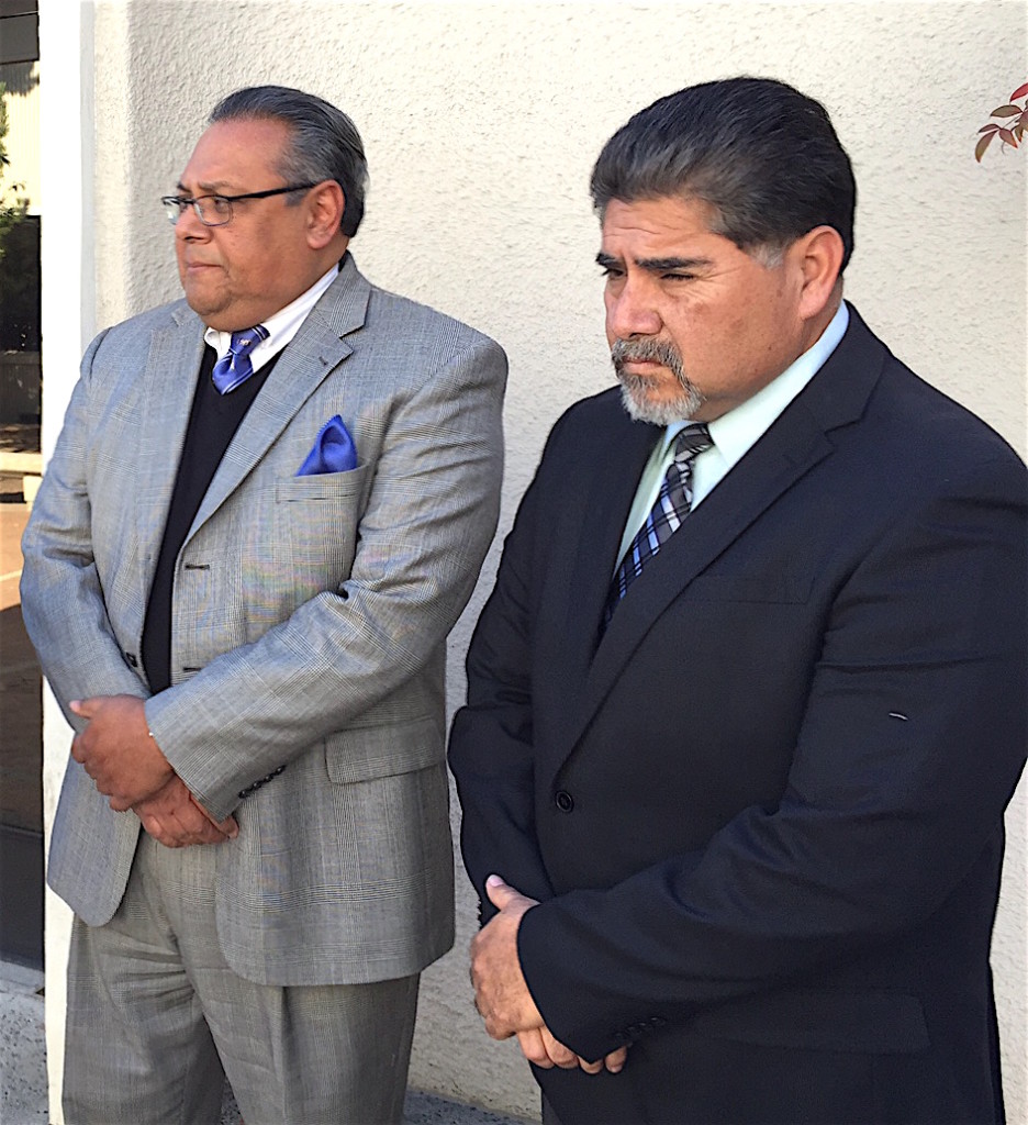 Attorney Manuel Torres and EUSD trustee Jose Fragozo outside Vista court Thursday.