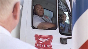 Scene from Miller High Life Super Bowl commercial. (screenshot)