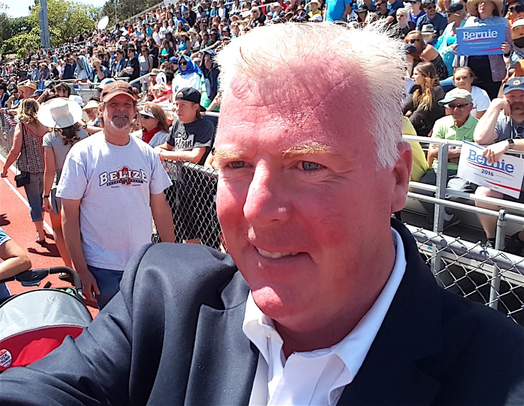 Patrick Malloy campaigns at the Vista Bernie rally in May.